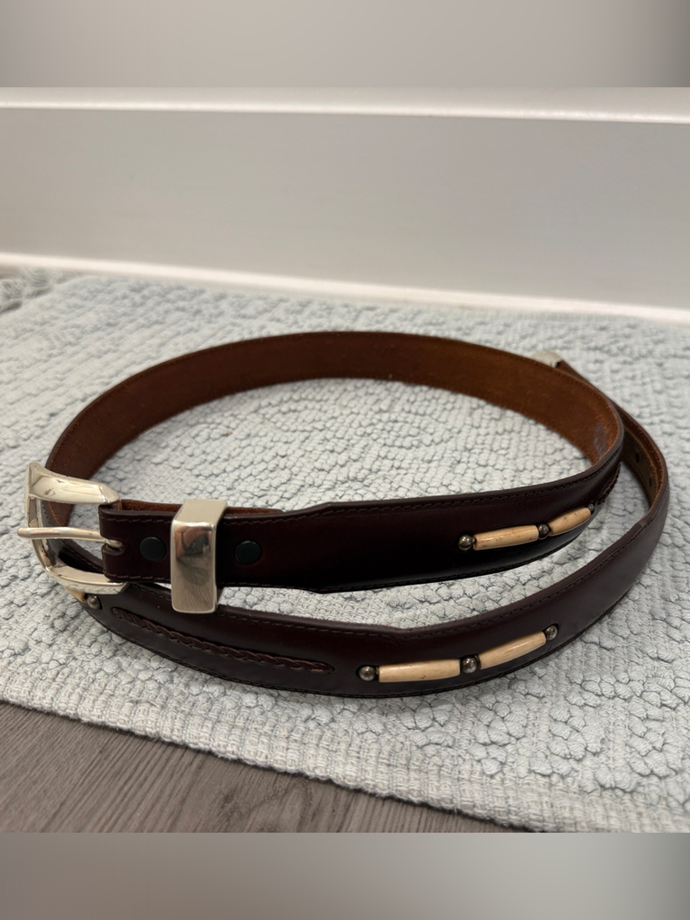 Brighton Dark Brown Western Leather Belt with bone colorAccents